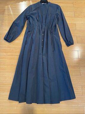 NWT Women Zara Navy Long Sleeve Drawstring Waist Maxi Cotton Long Shirt Dress M